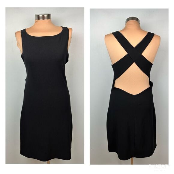 PS Per Seption Little Black Dress Vintage Knee Length Open Cross Over Back Sz L - Picture 1 of 13